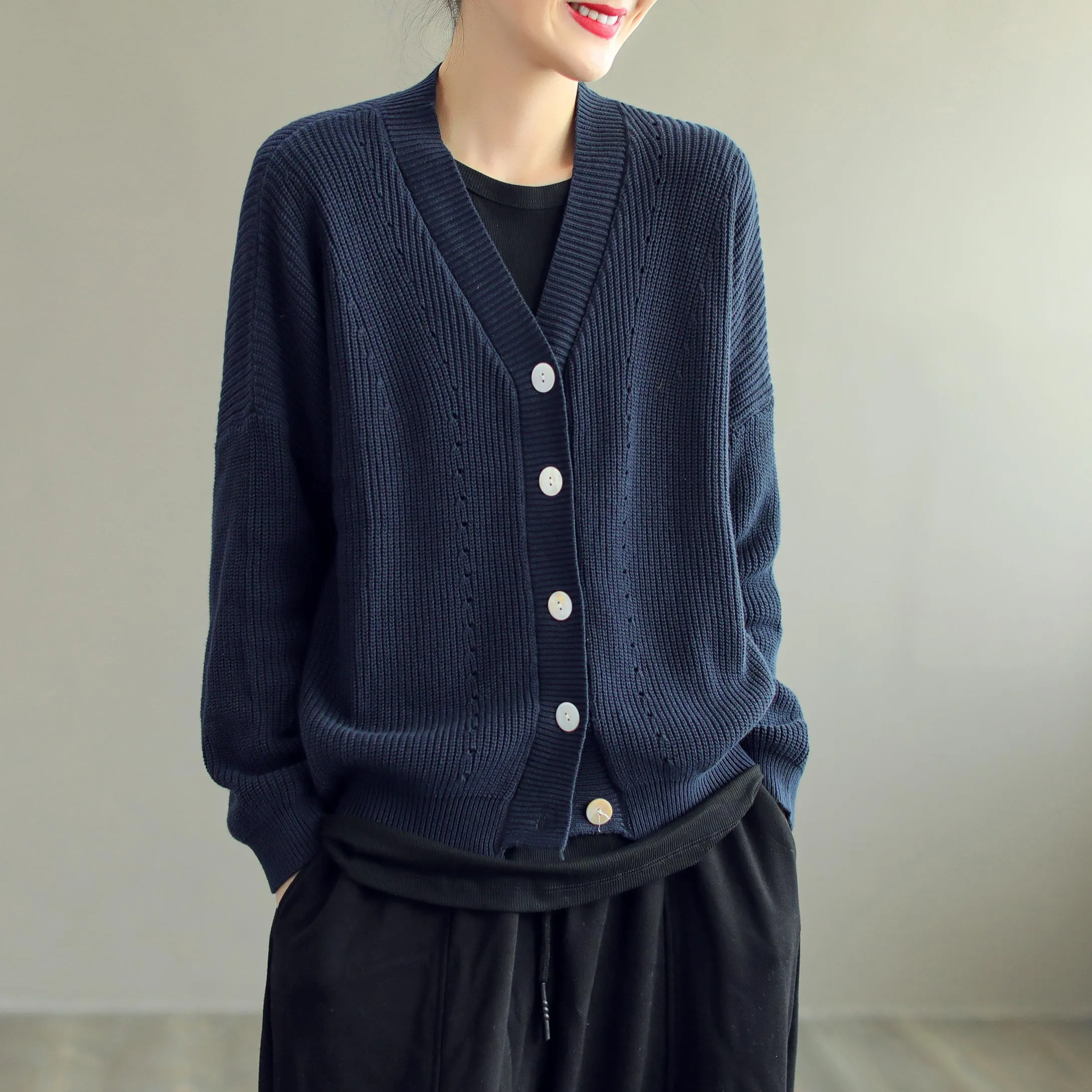 Women Casual Cotton Knitted Solid V-Neck Cardigan