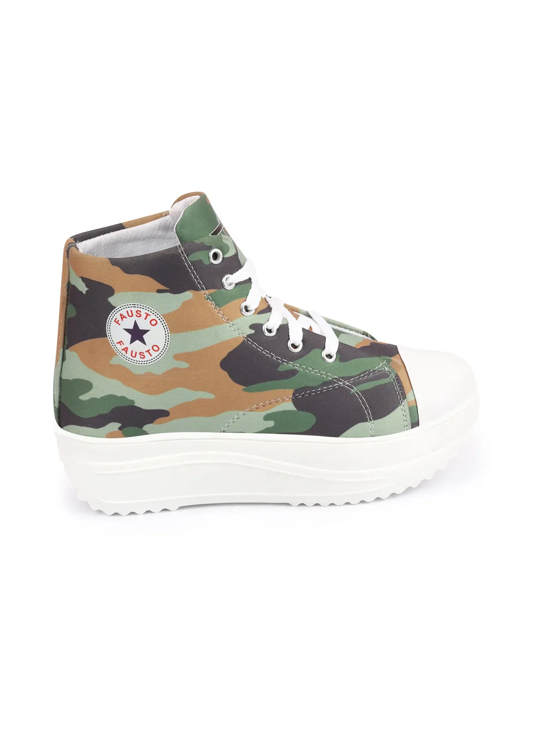 Women Olive Green High Ankle Top Wedge Heels Camouflage Print Canvas Lace Up Sneakers Shoes