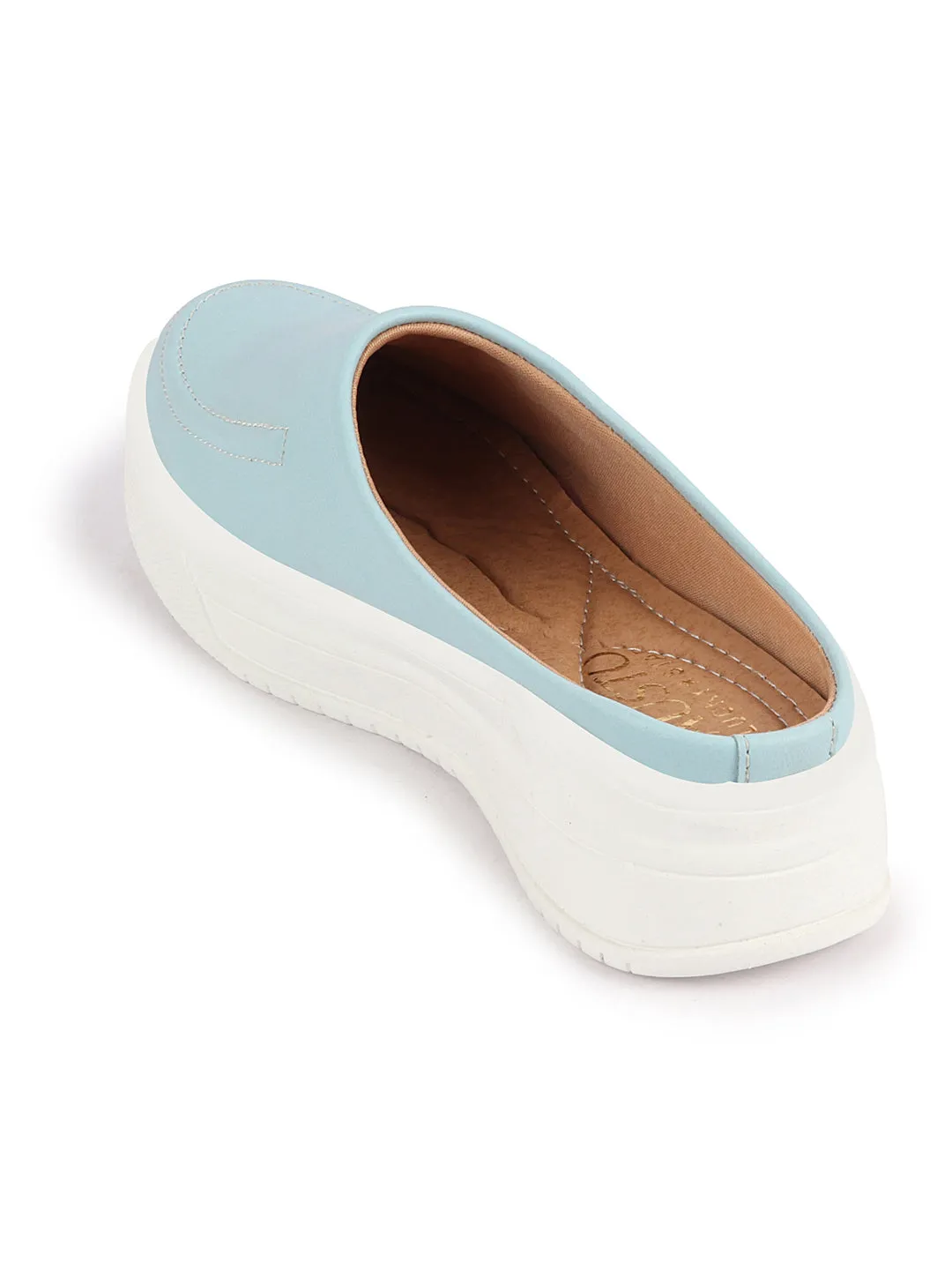 Women Sky Blue Outdoor Fashion Stitched Design Open Back Platform Heel Slip On Casual Shoes