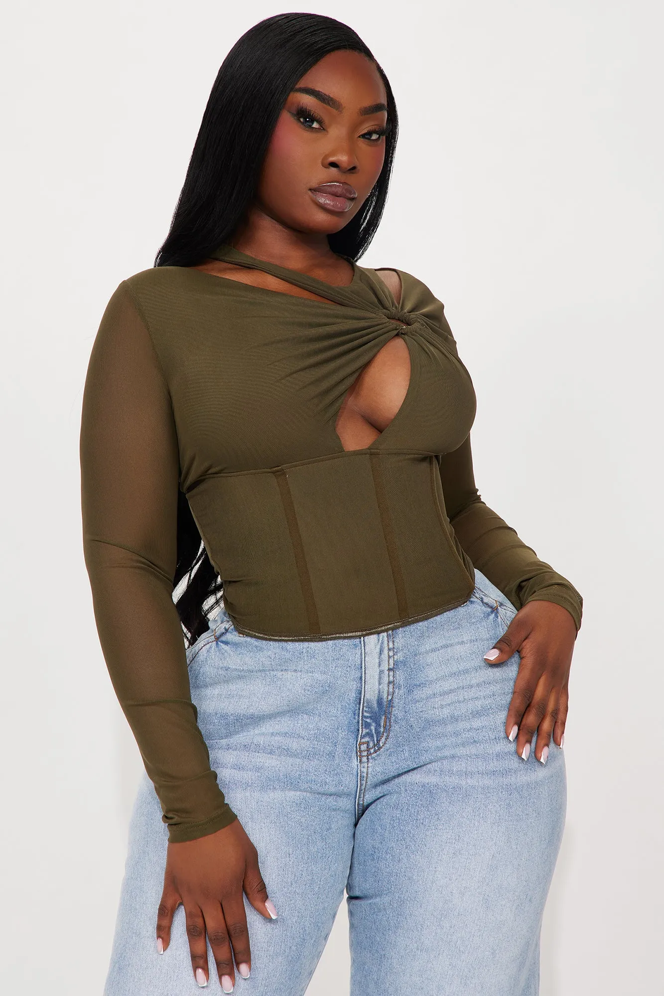 Yours Truly Mesh Corset Top - Olive